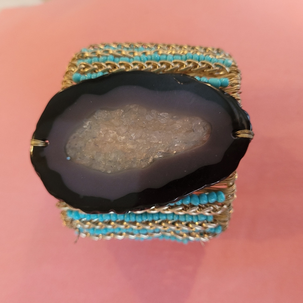 Gold & turquoise bracelet with a gray stone - Picture 2 of 4